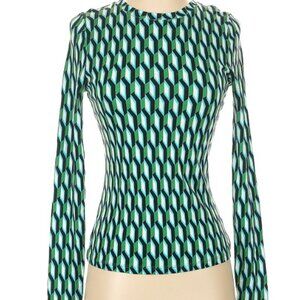 Diane Von Furstenberg Long Sleeve Green White Black Top 1X NWOT